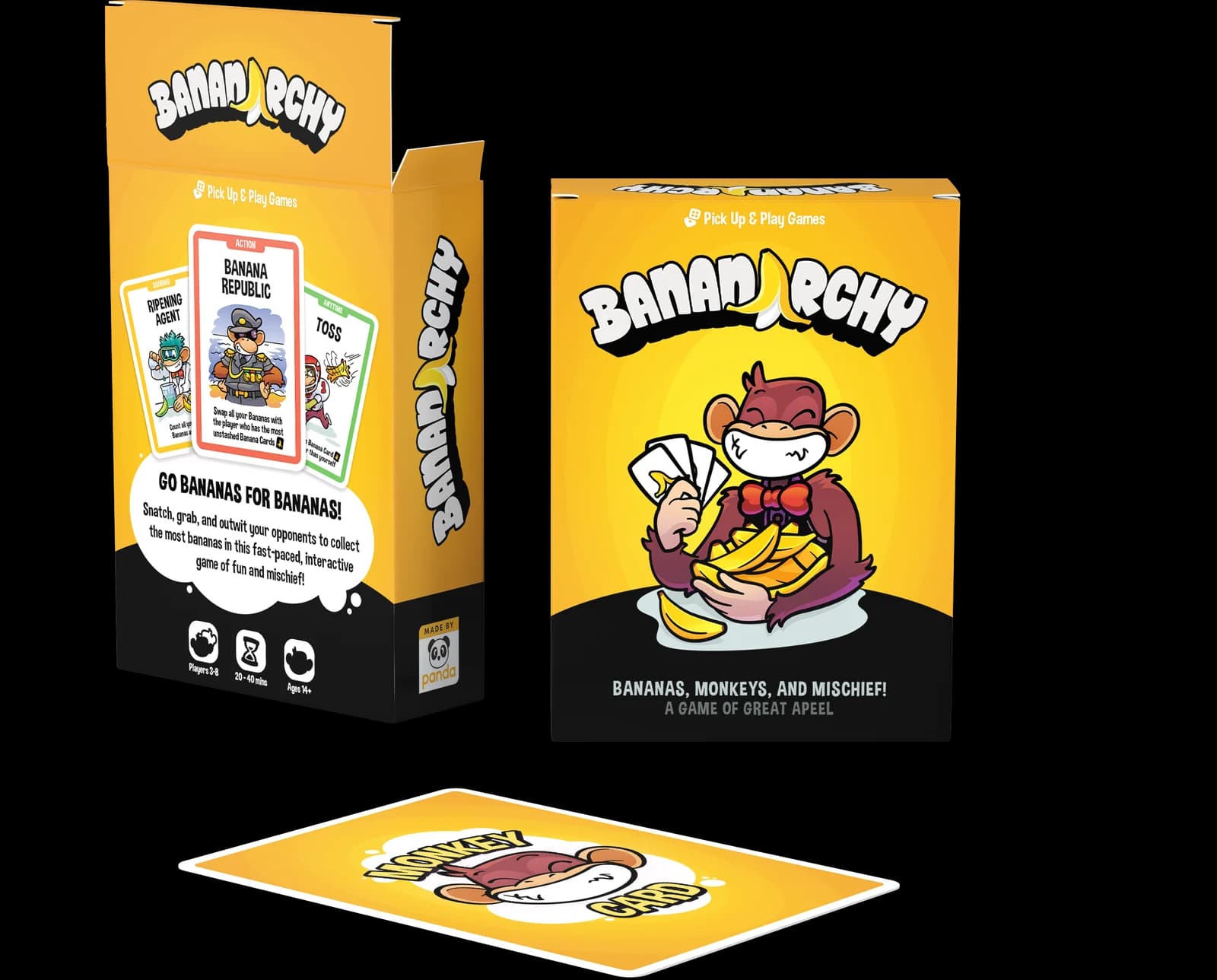 The Bananarchy tuck box, front and back, with a Monkey Card lying in front