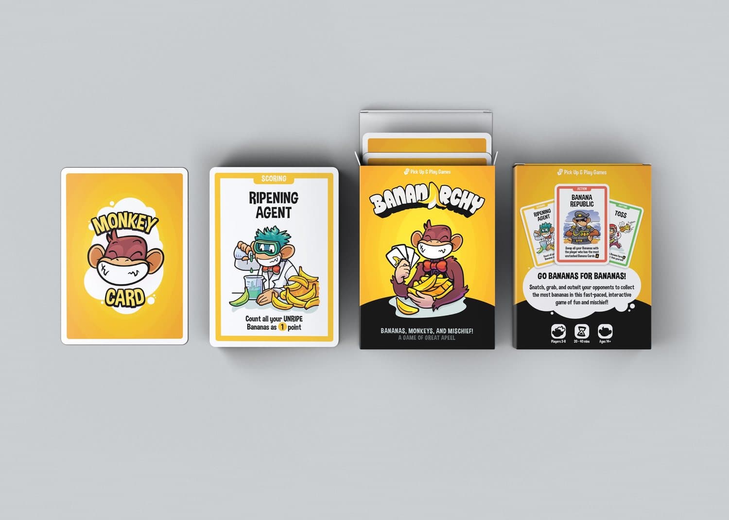A Monkey Card back, the Ripening Agent card and the Bananarchy box front and back, laid out side by side